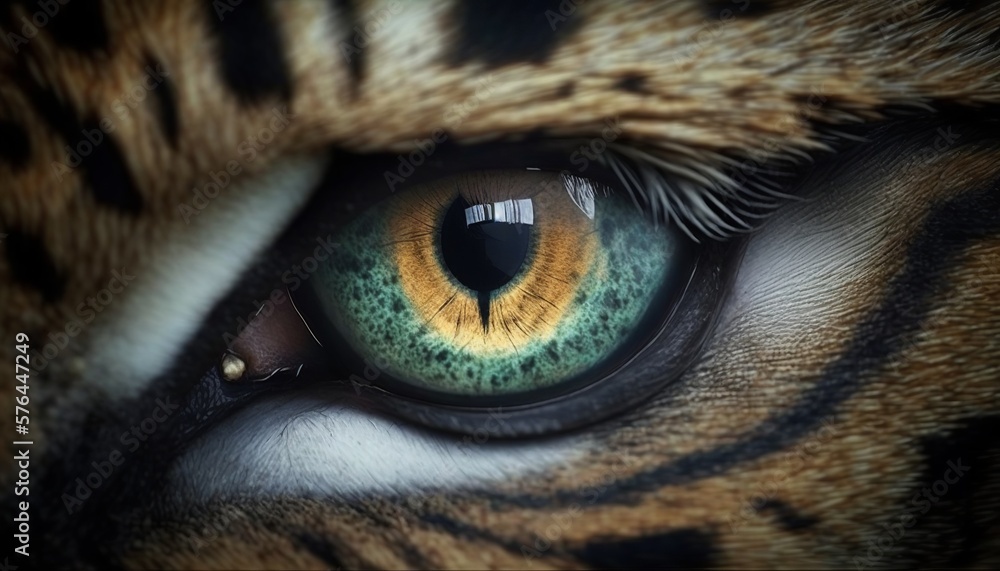 close-up of a tiger's beautiful eye with the lights reflected in it