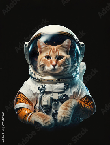 a cat in an astronaut's space suit on a black background. Generative AI.