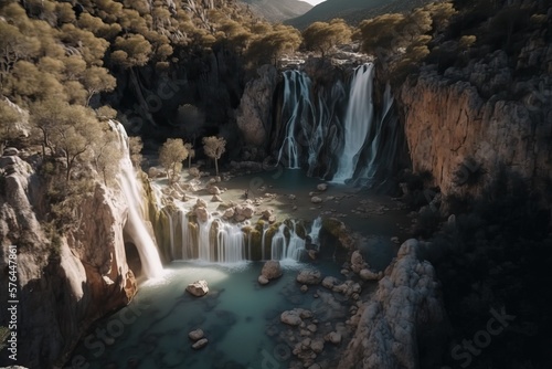 Drone shot of a waterfall in spain, generative AI