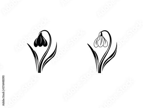 black silhouette of snowdrop flower.  Stylized silhouette of the first snowdrop on white background. Floral ornament for Your decorative design. Flower doodle hand drawn