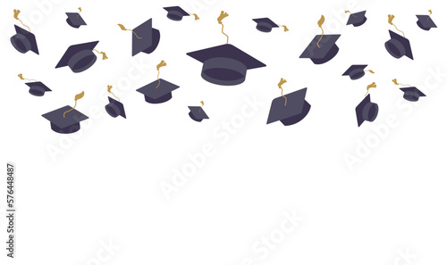 University mortarboards throwing tradition. College, school graduation ceremony. Academic hats with tassels. Higher education, bachelor, master degree. Commencement, grad celebration