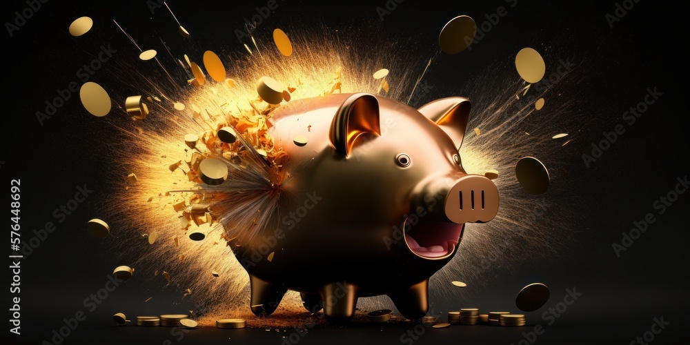 Piggy bank exploding, generative ai illustration - obrazy, fototapety, plakaty 