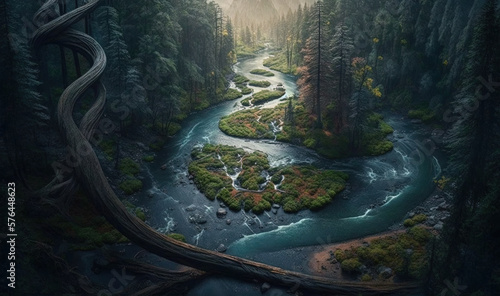  a river flowing through a forest next to a forest covered in trees. generative ai