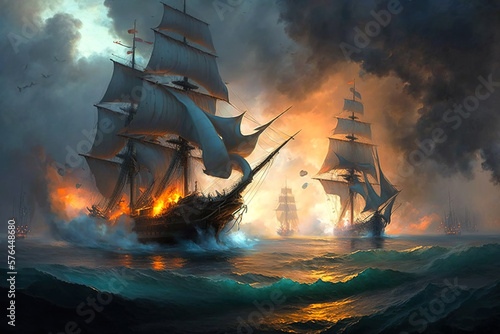 Fotobehang Battle of sea, old sailing ships in fire and smoke, illustration, generative AI
