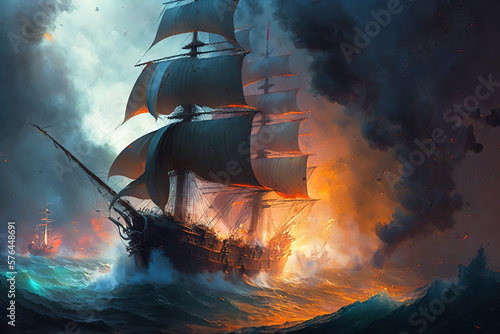 Fotografia Battle of sea, old sailing ships in fire and smoke, illustration, generative AI