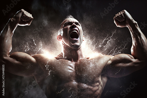Strong athlete raises hands up and screams with energy he is feeling, generative AI. photo