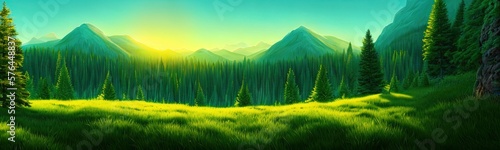 Foto Panoramic view of big mountains, beautiful green meadows with coniferous trees