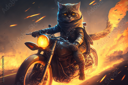 Cat rider on motorcycle, super hero biker riding with fire trail, generative AI photo