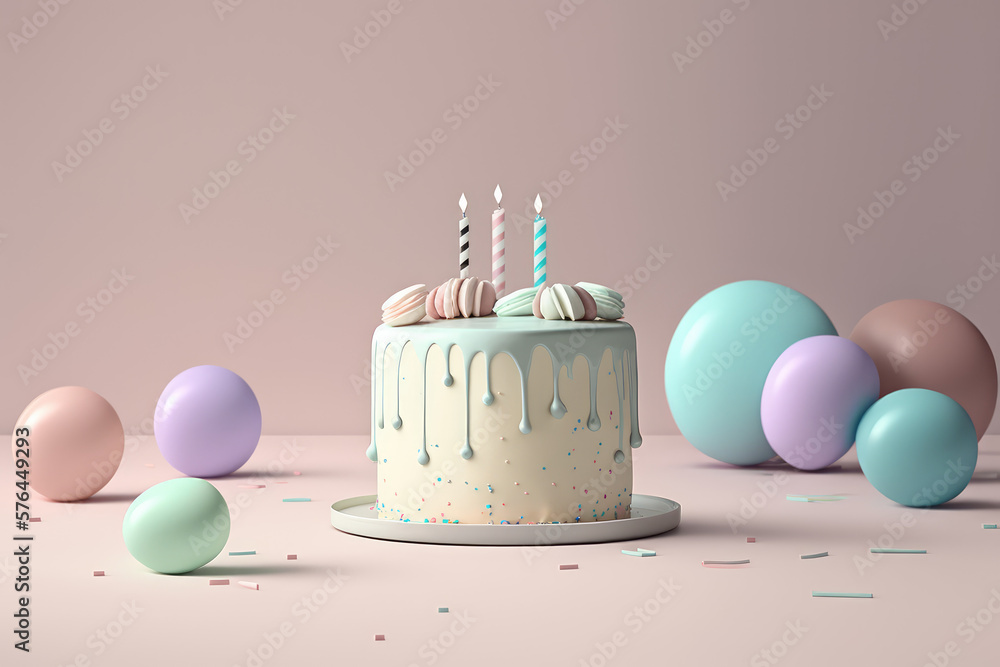 Birthday cake with candles in front isolated on pastel background. Cute ...