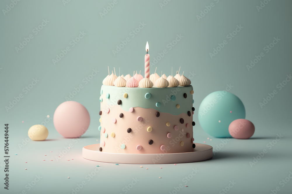 Birthday cake with one candle in front isolated on pastel blue ...