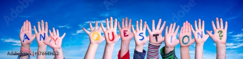 Fotografi Children Hands Building Word Any Question, Blue Sky