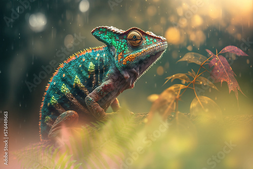 Green Chameleon on a Branch of Rain Forest. AI generated Illustration.