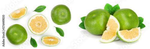 Citrus Sweetie or Pomelit, oroblanco with slices and leaf isolated on white background close-up. Top view. Flat lay photo