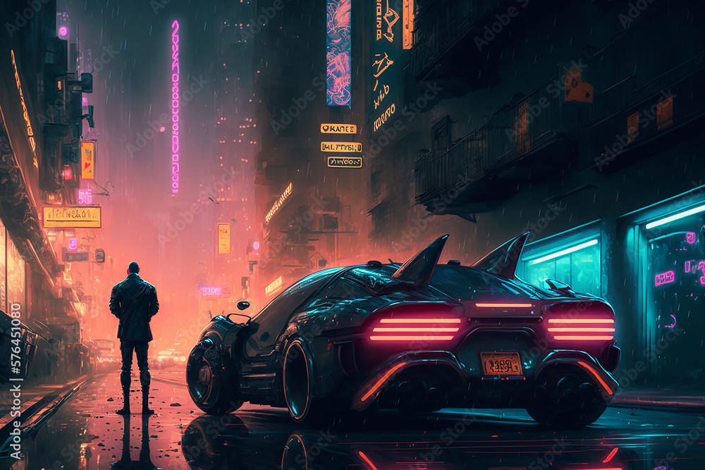 Obraz premium Vivid Neon Car in a Cyberpunk Setting. Created with Generative AI.