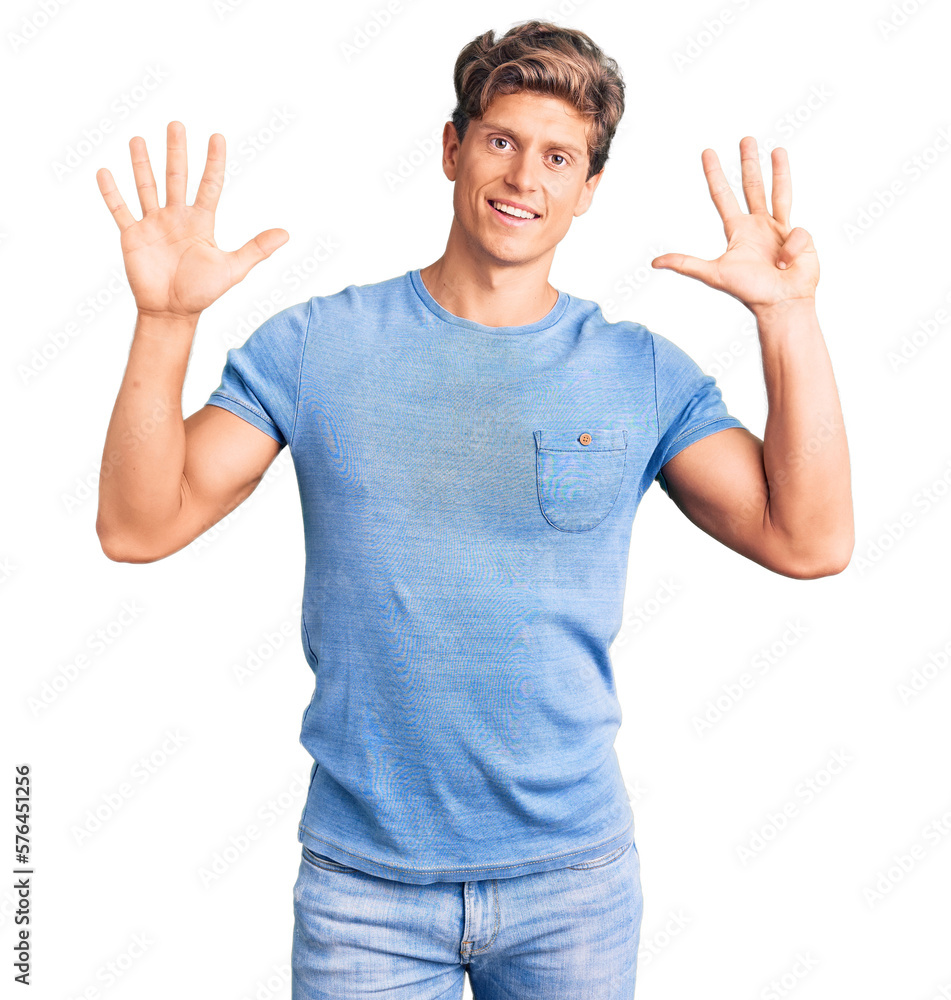 Young handsome man wearing casual clothes showing and pointing up with fingers number nine while smiling confident and happy. Young handsome man wearing casual clothes showing and pointing up with fingers number nine while smiling confident and happy.