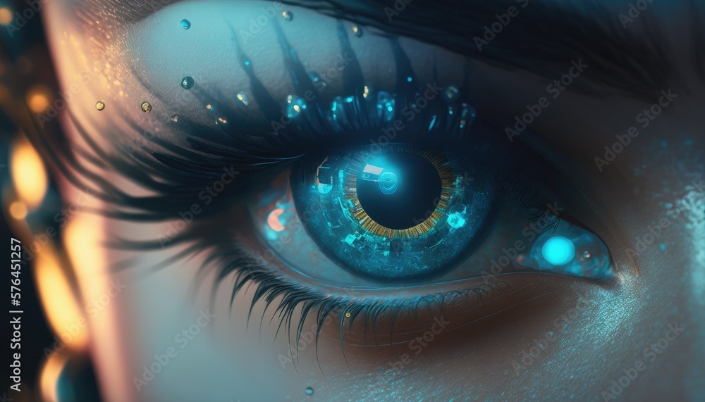 Close-up portrait of young and beautiful woman with the virtual hologram on her eyes
