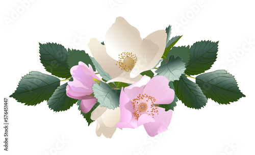 Floral vignette boutonniere of wild flowers, roses and anemones, element of holidays, celebrations