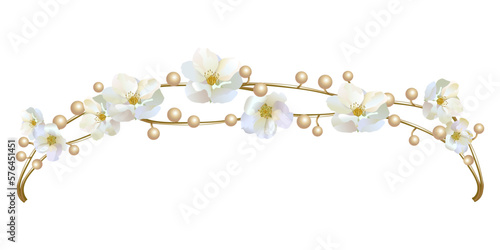 Flower tiara, flower crown of golden branches, pearls of white bright colors, for a wedding, holidays, celebrations for a beautiful girl