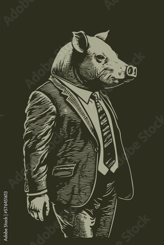 Hand drawn Man with pig head wearing a suit and tie. Vintage engraving style illustration.