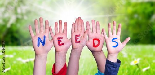Children Hands Building Word Needs, Grass Meadow