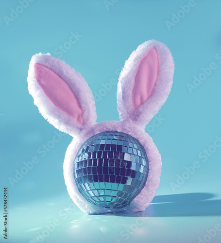 Canvas Print Easter Rave: A Blue Nightclub Disco Ball Wearing Pink Rabbit Ears on a Pastel Bl