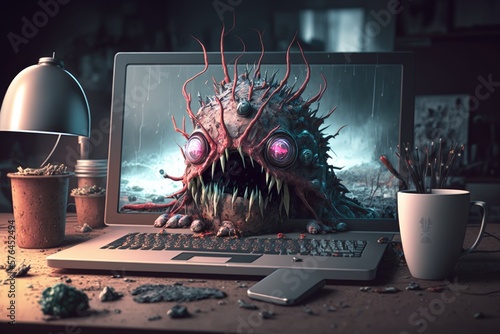 Monster crawling out of laptop screen, Generative AI