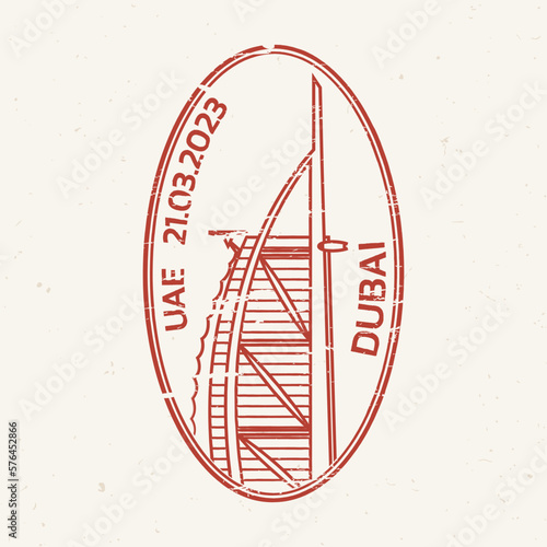 Dubai rubber stamp design. Travel, passport icon or seal. UAE symbol. Vector illustration.