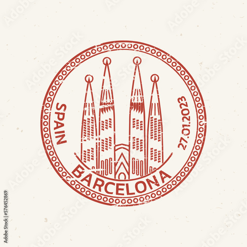 Barcelona rubber stamp design grunge texture. Travel, passport icon or seal with Sagrada Familia Cathedral. Spain symbol. Vector illustration.