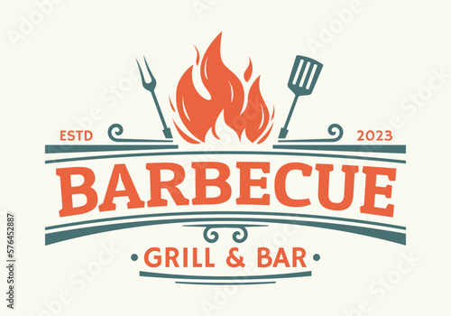 Barbecue logo. BBQ, Grill icon with fire, grill fork and spatula. Restaurant label or badge vintage design. Vector illustration.