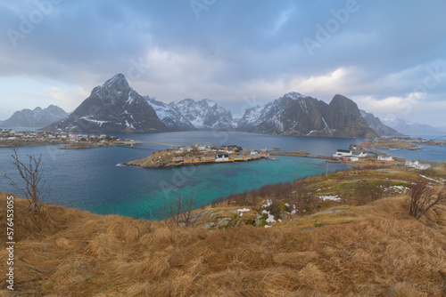 White snow mountain in Lofoten islands, Nordland county, Norway, Europe. Hills and trees, nature landscape in winter season. Winter background.