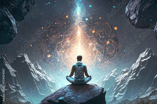 meditation, person sitting on the back, sacred geometry, law of attraction, consciousness raising, trancedent , chakras, generative ai