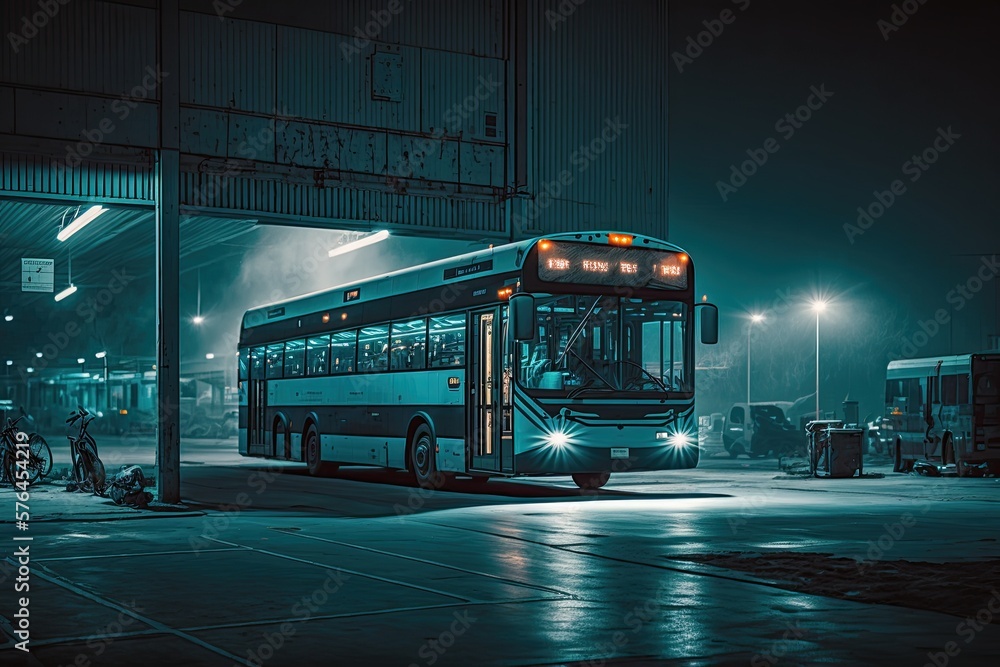 bus driver parked bus at night in illuminated parking lot of bus depot, created with generative ai