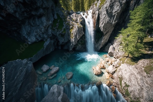 Beautiful Waterfall in Austria drone shot, generative AI photo