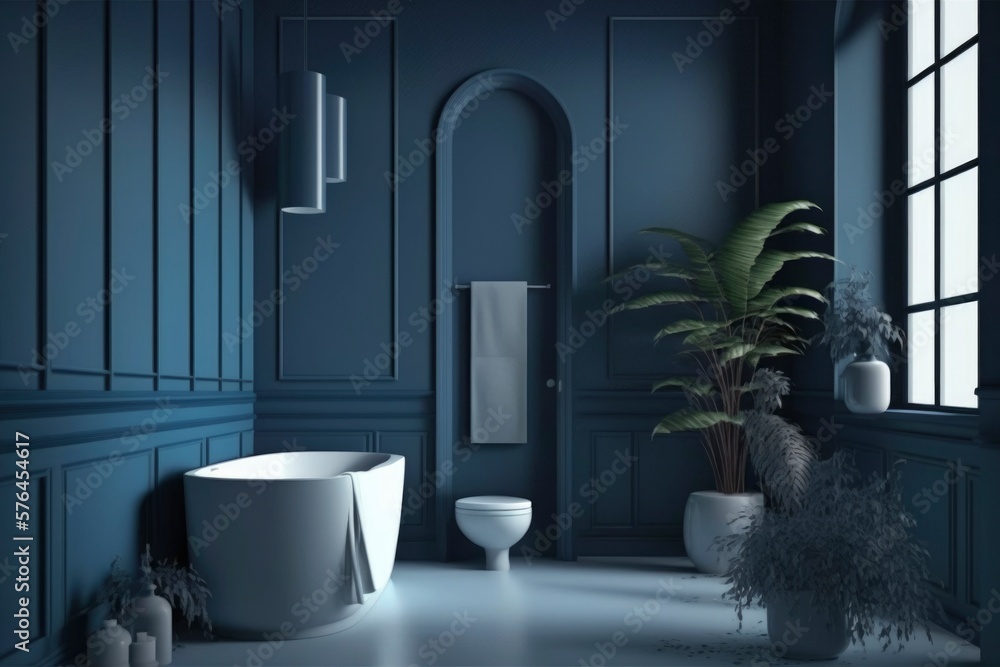interior of a modern dark blue bathroom at house. bright sun light from