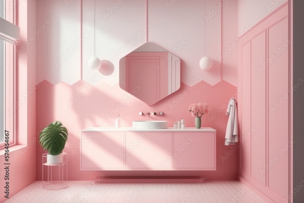 interior of a modern pink bathroom at house. bright sun light from windows, generative ai. Epic