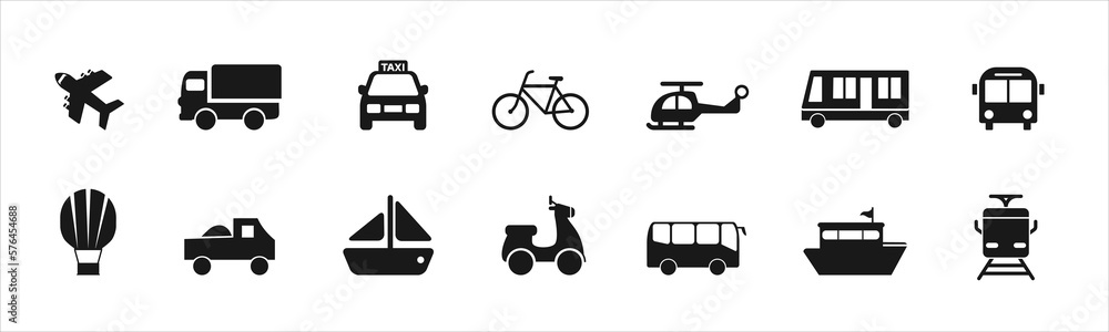 Transport icons. Airplane, Public bus, Train, Ship, Ferry and auto signs. Shipping delivery symbol.