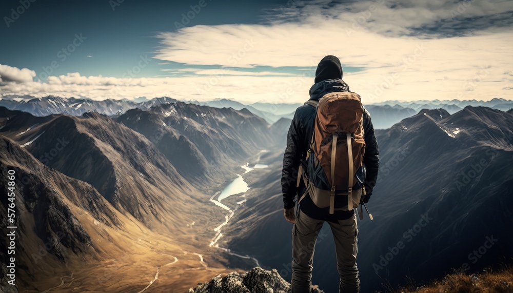 Man Hiking in the Mountains. Post-produced generative AI digital illustration. Man Hiking in the Mountains. Post-produced generative AI digital illustration.