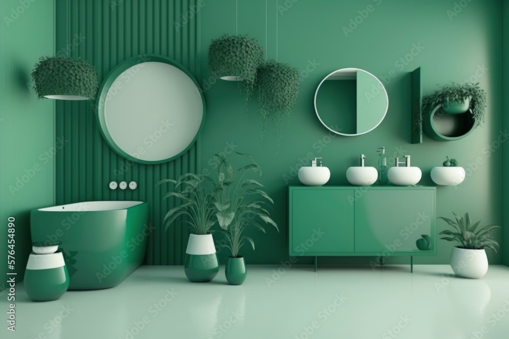 interior of a modern green bathroom at house. bright sun light from windows, generative ai. Epic old luxury, tall ceilings timeless architecture style, 3D rendered room interior of a modern green bathroom at house. bright sun light from windows, generative ai. Epic old luxury, tall ceilings timeless architecture style, 3D rendered room