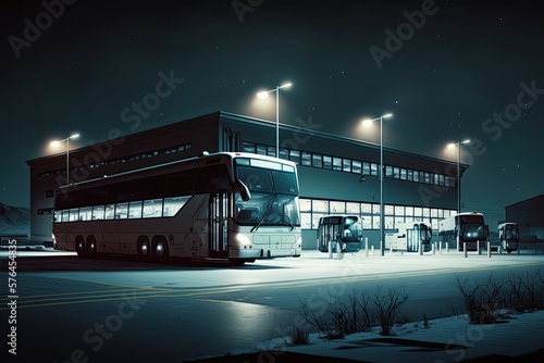 large bus depot for long-haul trips in night time, created with generative ai