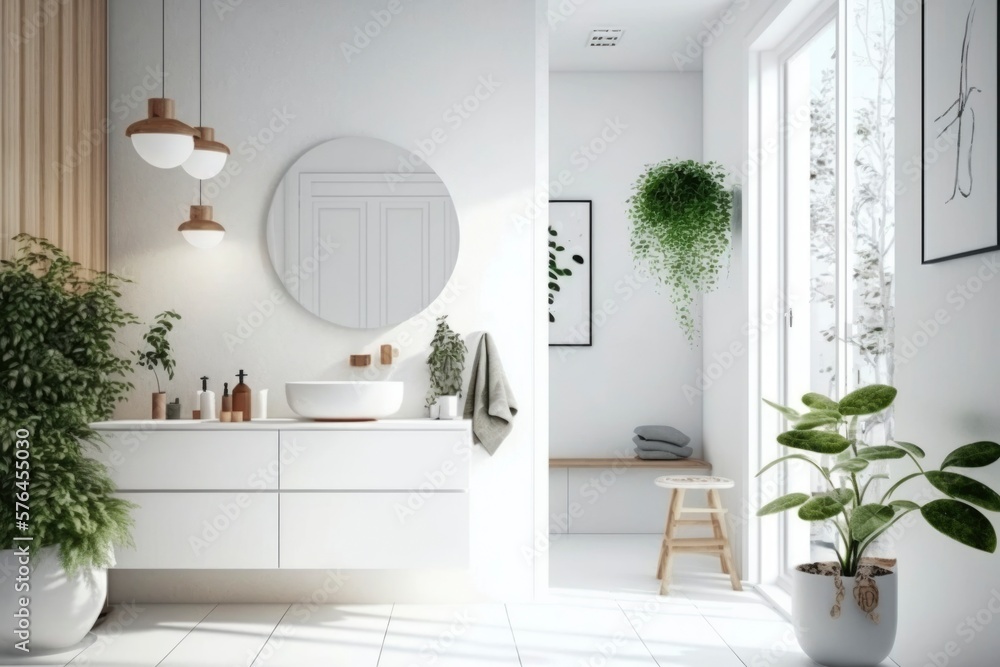 interior of a modern white bathroom at house. bright sun light from windows, generative ai. Epic old luxury, tall ceilings timeless architecture style, 3D rendered room interior of a modern white bathroom at house. bright sun light from windows, generative ai. Epic old luxury, tall ceilings timeless architecture style, 3D rendered room