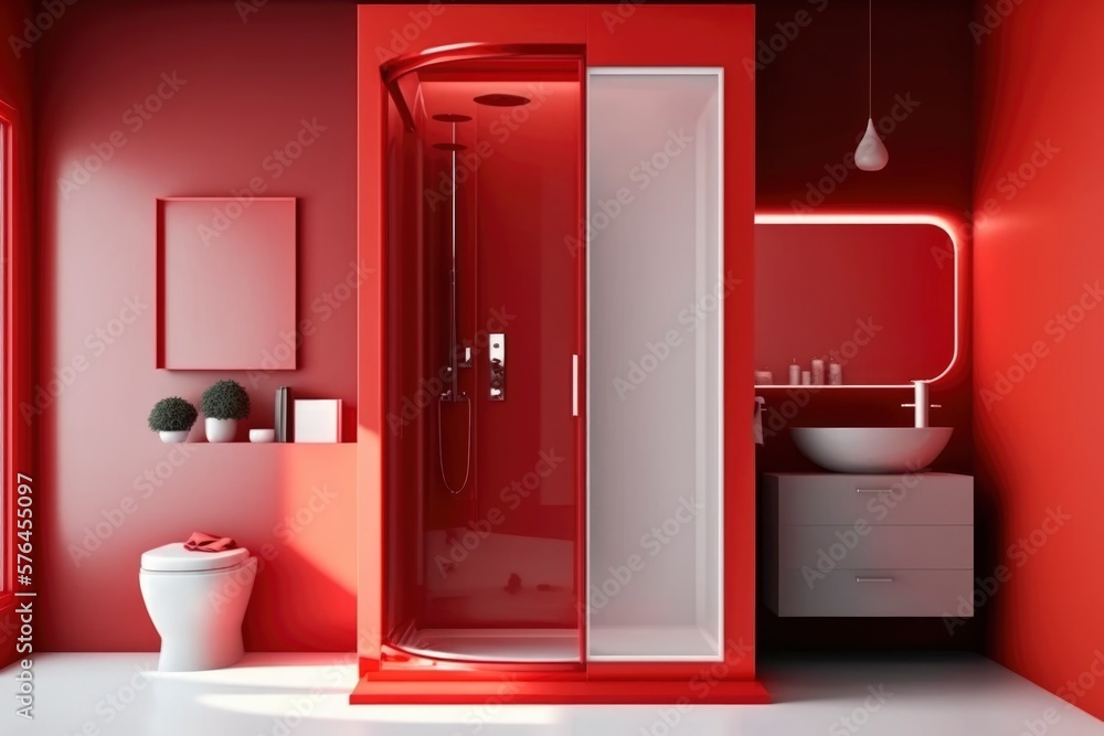 interior of a modern red bathroom shower cabin. bright sun light from windows, generative ai