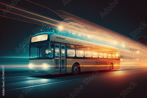 bus with lights traveling along highway to bus depot, created with generative ai