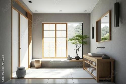 interior of a modern Asian bathroom at house. bright sun light from windows, generative ai. Epic old luxury, tall ceilings timeless architecture style, 3D rendered room