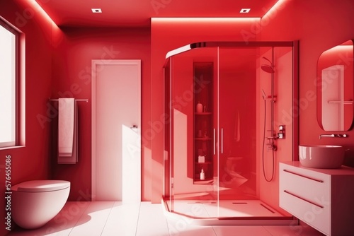 interior of a modern red bathroom shower cabin. bright sun light from windows  generative ai. Epic old luxury  tall ceilings timeless architecture style  3D rendered room