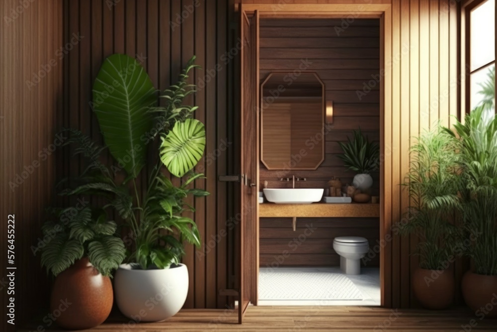 interior of a modern wooden bathroom at house. bright sun light from windows, generative ai. Epic old luxury, tall ceilings timeless architecture style, 3D rendered room