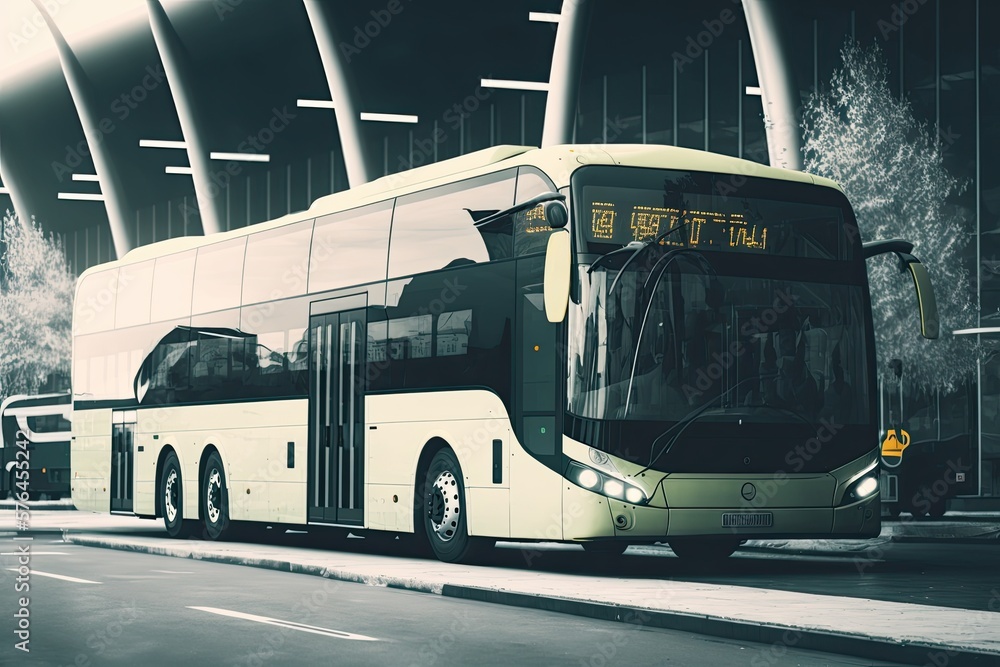bus standing in parking lot of large bus station, created with generative ai