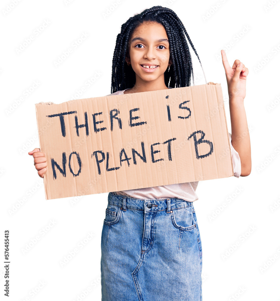 Cute african american girl holding there is no planet b banner surprised with an idea or question pointing finger with happy face, number one Cute african american girl holding there is no planet b banner surprised with an idea or question pointing finger with happy face, number one