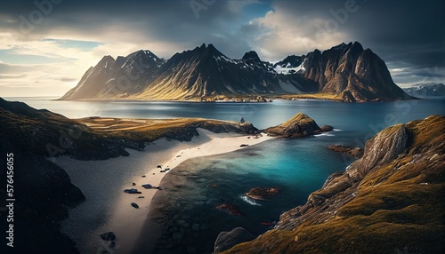 A Superb Nordic Adventure - Exploring the Beauty and Calm of Rock-laden Coastlines and Majestic Mountain Ranges of the Lofoten Islands. Generative AI