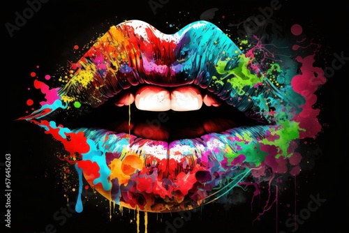 Beautiful Lips Pop Art Illustration with Colorful Paint Splash Background, generative ai