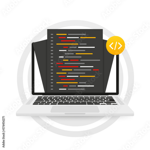 Letters to programming codes on a laptop. Programming language and program code on screen laptop. Programming coding. Software, web development, programming concept. Vector illustration